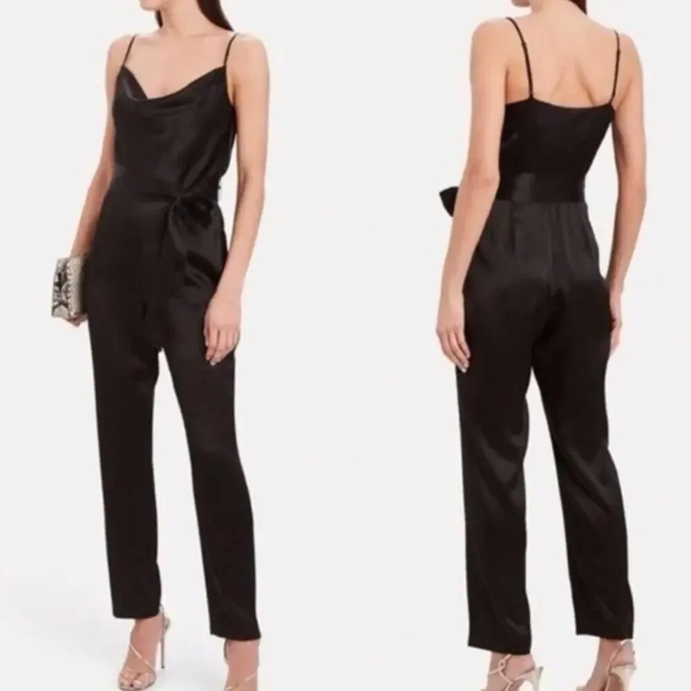 Intermix Maria Silk Cowl Neck Straight Leg Jumpsuit - Black - Size 12